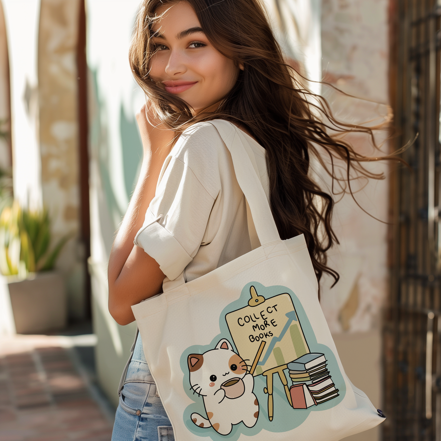 Collect more books cat tote bag